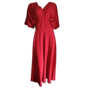 Shein‎ Dress Womens M Medium Solid All Red Short Sleeve Pleated Detail Textured